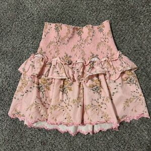 LoveShackFancy Pink Floral Tiered Ruffle Skirt